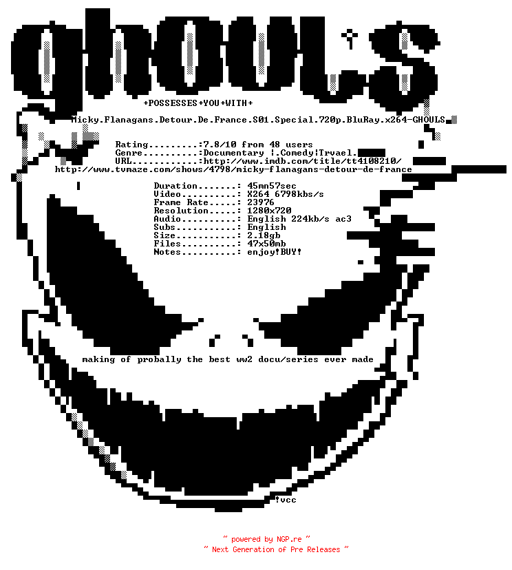 NFO for the release Micky.Flanagans.Detour.De.France.S01.Special.720p.BluRay.x264-GHOULS by GHOULS