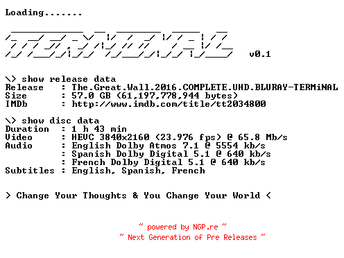 NFO for the release The.Great.Wall.2016.COMPLETE.UHD.BLURAY-TERMiNAL by TERMiNAL