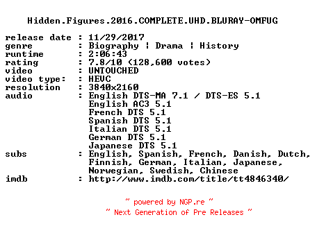 NFO for the release Hidden.Figures.2016.COMPLETE.UHD.BLURAY-OMFUG by OMFUG