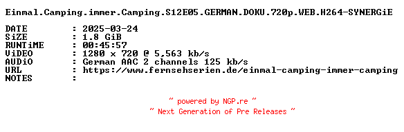 NFO for the release Einmal.Camping.immer.Camping.S12E05.GERMAN.DOKU.720p.WEB.H264-SYNERGiE by SYNERGiE