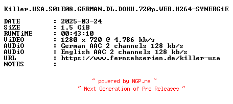 NFO for the release Killer.USA.S01E08.GERMAN.DL.DOKU.720p.WEB.H264-SYNERGiE by SYNERGiE