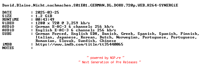 NFO for the release David.Blaine.Nicht.nachmachen.S01E01.GERMAN.DL.DOKU.720p.WEB.H264-SYNERGiE by SYNERGiE