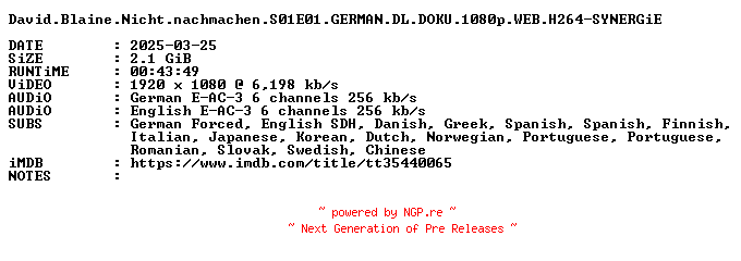 NFO for the release David.Blaine.Nicht.nachmachen.S01E01.GERMAN.DL.DOKU.1080p.WEB.H264-SYNERGiE by SYNERGiE