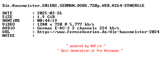 NFO for the release Die.Hausmeister.S01E02.GERMAN.DOKU.720p.WEB.H264-SYNERGiE by SYNERGiE