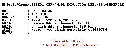NFO for the release Whistleblower.S02E01.GERMAN.DL.DOKU.720p.WEB.H264-SYNERGiE by SYNERGiE