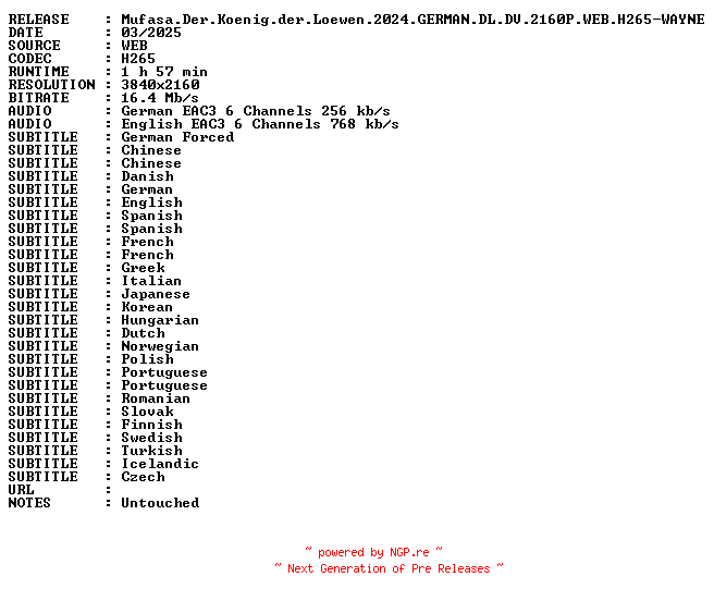 NFO for the release Mufasa.Der.Koenig.der.Loewen.2024.GERMAN.DL.DV.2160P.WEB.H265-WAYNE by WAYNE
