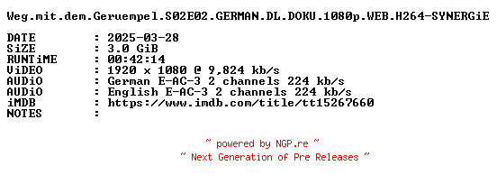 NFO for the release Weg.mit.dem.Geruempel.S02E02.GERMAN.DL.DOKU.1080p.WEB.H264-SYNERGiE by SYNERGiE