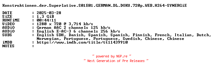 NFO for the release Konstruktionen.der.Superlative.S01E01.GERMAN.DL.DOKU.720p.WEB.H264-SYNERGiE by SYNERGiE