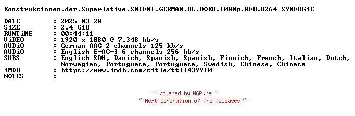 NFO for the release Konstruktionen.der.Superlative.S01E01.GERMAN.DL.DOKU.1080p.WEB.H264-SYNERGiE by SYNERGiE