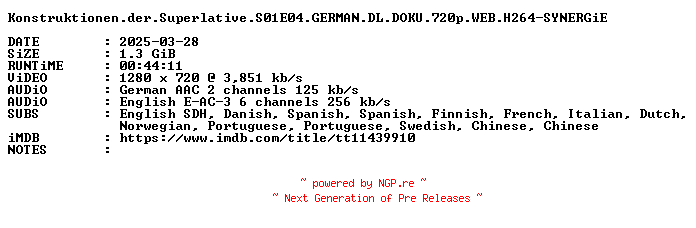 NFO for the release Konstruktionen.der.Superlative.S01E04.GERMAN.DL.DOKU.720p.WEB.H264-SYNERGiE by SYNERGiE