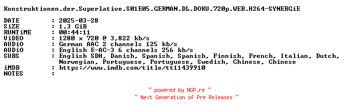 NFO for the release Konstruktionen.der.Superlative.S01E05.GERMAN.DL.DOKU.720p.WEB.H264-SYNERGiE by SYNERGiE