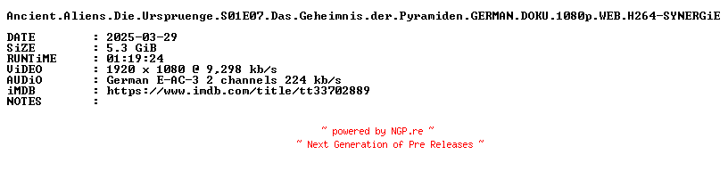 NFO for the release Ancient.Aliens.Die.Urspruenge.S01E07.Das.Geheimnis.der.Pyramiden.GERMAN.DOKU.1080p.WEB.H264-SYNERGiE by SYNERGiE
