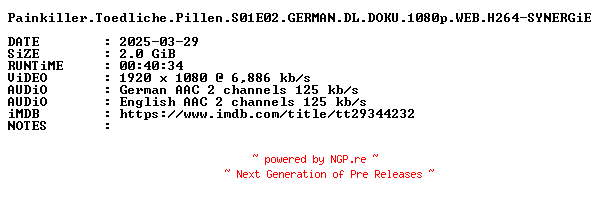 NFO for the release Painkiller.Toedliche.Pillen.S01E02.GERMAN.DL.DOKU.1080p.WEB.H264-SYNERGiE by SYNERGiE