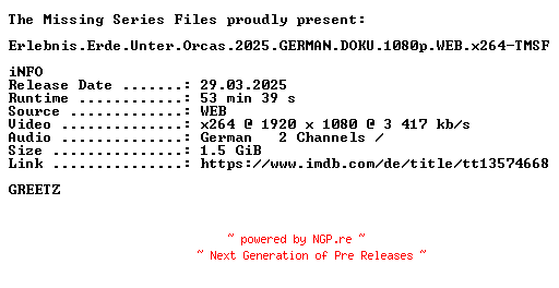 NFO for the release Erlebnis.Erde.Unter.Orcas.2025.GERMAN.DOKU.1080p.WEB.x264-TMSF by TMSF