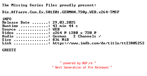 NFO for the release Die.Affaere.Cum.Ex.S01E01.GERMAN.720p.WEB.x264-TMSF by TMSF