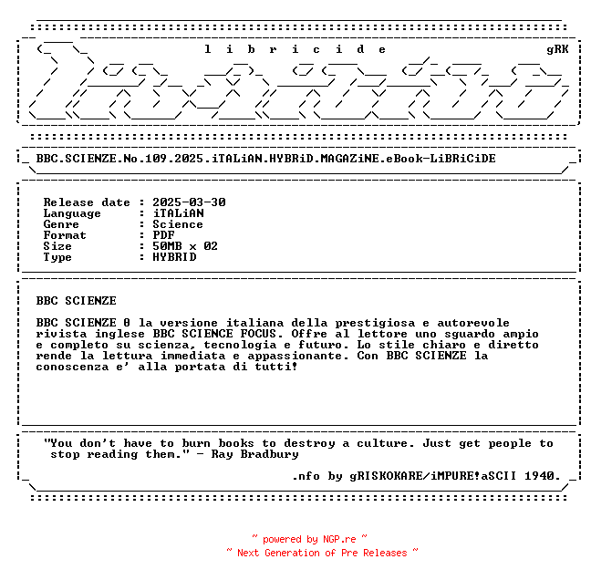 NFO for the release BBC.SCIENZE.No.109.2025.iTALiAN.HYBRiD.MAGAZiNE.eBook-LiBRiCiDE by LiBRiCiDE