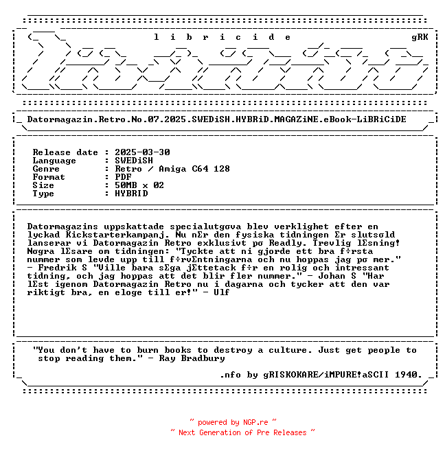 NFO for the release Datormagazin.Retro.No.07.2025.SWEDiSH.HYBRiD.MAGAZiNE.eBook-LiBRiCiDE by LiBRiCiDE