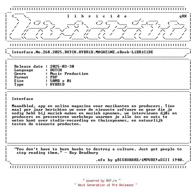 NFO for the release Interface.No.268.2025.DUTCH.HYBRiD.MAGAZiNE.eBook-LiBRiCiDE by LiBRiCiDE