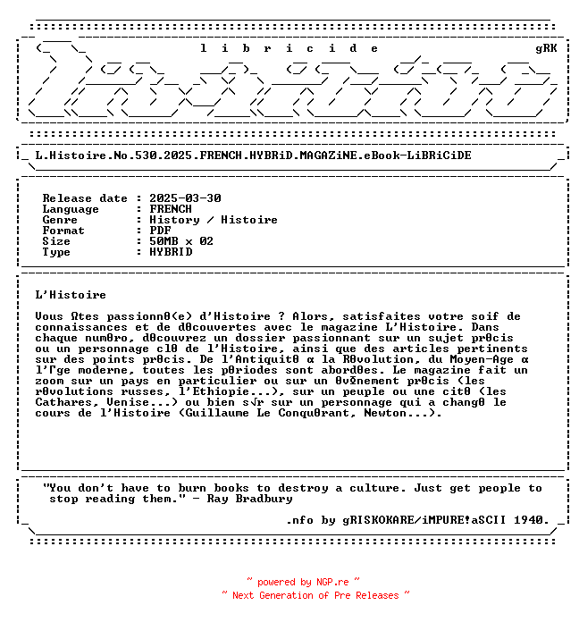 NFO for the release L.Histoire.No.530.2025.FRENCH.HYBRiD.MAGAZiNE.eBook-LiBRiCiDE by LiBRiCiDE