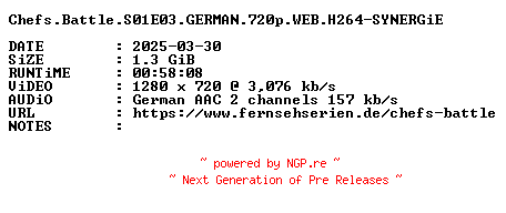 NFO for the release Chefs.Battle.S01E03.GERMAN.720p.WEB.H264-SYNERGiE by SYNERGiE