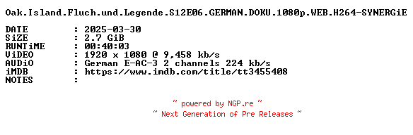 NFO for the release Oak.Island.Fluch.und.Legende.S12E06.GERMAN.DOKU.1080p.WEB.H264-SYNERGiE by SYNERGiE