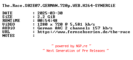 NFO for the release The.Race.S02E07.GERMAN.720p.WEB.H264-SYNERGiE by SYNERGiE