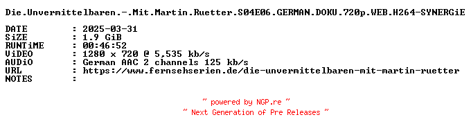 NFO for the release Die.Unvermittelbaren.-.Mit.Martin.Ruetter.S04E06.GERMAN.DOKU.720p.WEB.H264-SYNERGiE by SYNERGiE