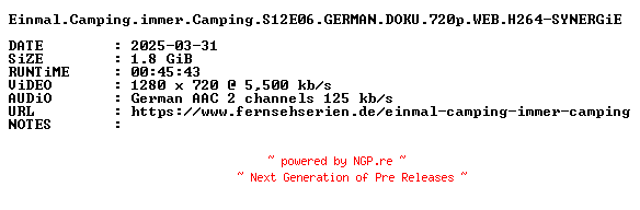 NFO for the release Einmal.Camping.immer.Camping.S12E06.GERMAN.DOKU.720p.WEB.H264-SYNERGiE by SYNERGiE