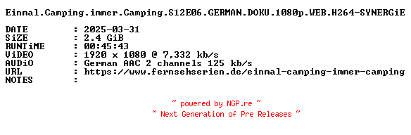 NFO for the release Einmal.Camping.immer.Camping.S12E06.GERMAN.DOKU.1080p.WEB.H264-SYNERGiE by SYNERGiE