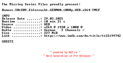 NFO for the release Rumors.S01E09.Eifersucht.GERMAN.1080p.WEB.x264-TMSF by TMSF