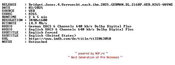 NFO for the release Bridget.Jones.4.Verrueckt.nach.ihm.2025.GERMAN.DL.2160P.WEB.H265-WAYNE by WAYNE