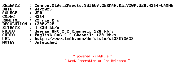 NFO for the release Common.Side.Effects.S01E09.GERMAN.DL.720P.WEB.H264-WAYNE by WAYNE
