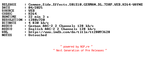 NFO for the release Common.Side.Effects.S01E10.GERMAN.DL.720P.WEB.H264-WAYNE by WAYNE