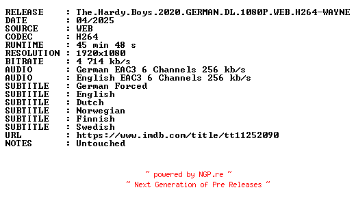 NFO for the release The.Hardy.Boys.2020.GERMAN.DL.1080P.WEB.H264-WAYNE by WAYNE