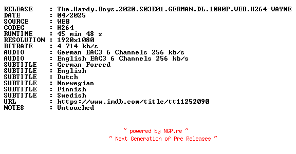 NFO for the release The.Hardy.Boys.2020.S03E01.GERMAN.DL.1080P.WEB.H264-WAYNE by WAYNE