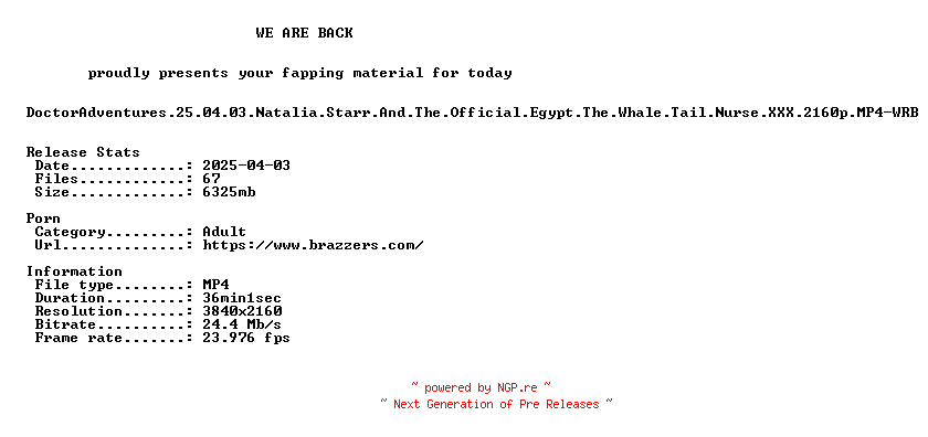 NFO for the release DoctorAdventures.25.04.03.Natalia.Starr.And.The.Official.Egypt.The.Whale.Tail.Nurse.XXX.2160p.MP4-WRB by WRB
