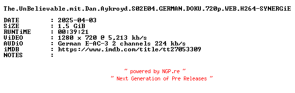 NFO for the release The.UnBelievable.mit.Dan.Aykroyd.S02E04.GERMAN.DOKU.720p.WEB.H264-SYNERGiE by SYNERGiE