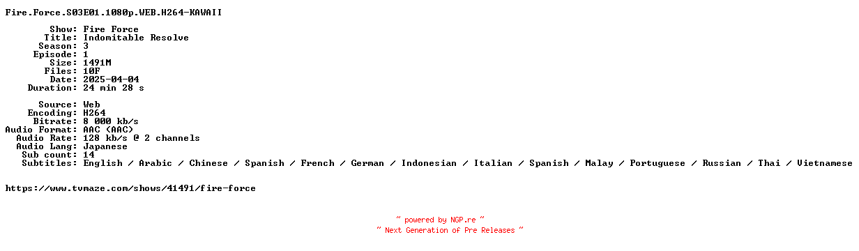 NFO for the release Fire.Force.S03E01.1080p.WEB.H264-KAWAII by KAWAII