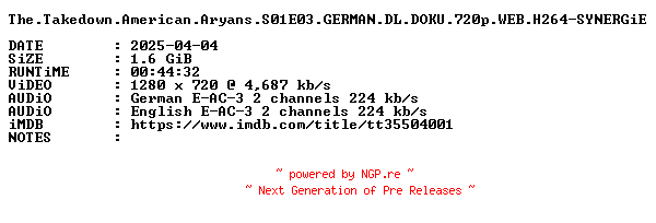 NFO for the release The.Takedown.American.Aryans.S01E03.GERMAN.DL.DOKU.720p.WEB.H264-SYNERGiE by SYNERGiE