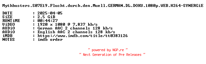 NFO for the release Mythbusters.S07E19.Flucht.durch.den.Muell.GERMAN.DL.DOKU.1080p.WEB.H264-SYNERGiE by SYNERGiE