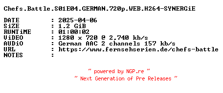 NFO for the release Chefs.Battle.S01E04.GERMAN.720p.WEB.H264-SYNERGiE by SYNERGiE