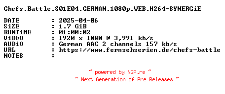 NFO for the release Chefs.Battle.S01E04.GERMAN.1080p.WEB.H264-SYNERGiE by SYNERGiE