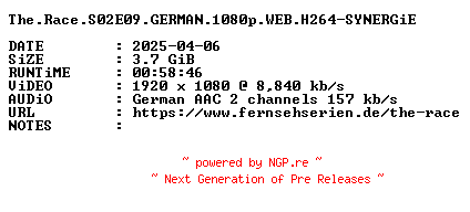 NFO for the release The.Race.S02E09.GERMAN.1080p.WEB.H264-SYNERGiE by SYNERGiE