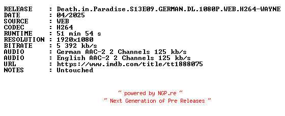 NFO for the release Death.in.Paradise.S13E09.GERMAN.DL.1080P.WEB.H264-WAYNE by WAYNE