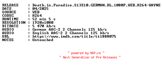 NFO for the release Death.in.Paradise.S13E10.GERMAN.DL.1080P.WEB.H264-WAYNE by WAYNE