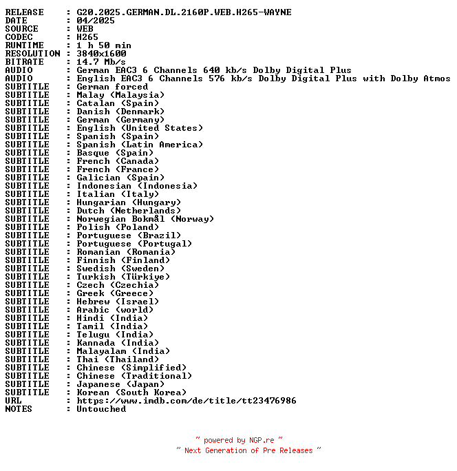 NFO for the release G20.2025.GERMAN.DL.2160P.WEB.H265-WAYNE by WAYNE