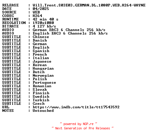 NFO for the release Will.Trent.S03E03.GERMAN.DL.1080P.WEB.H264-WAYNE by WAYNE