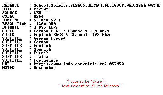 NFO for the release School.Spirits.S02E06.GERMAN.DL.1080P.WEB.X264-WAYNE by WAYNE