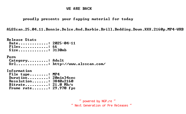 NFO for the release ALSScan.25.04.11.Bonnie.Dolce.And.Barbie.Brill.Bedding.Down.XXX.2160p.MP4-WRB by WRB