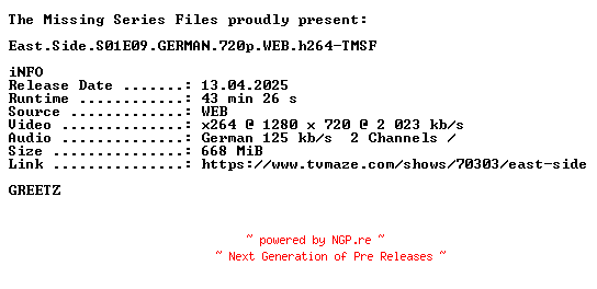 NFO for the release East.Side.S01E09.GERMAN.720p.WEB.h264-TMSF by TMSF
